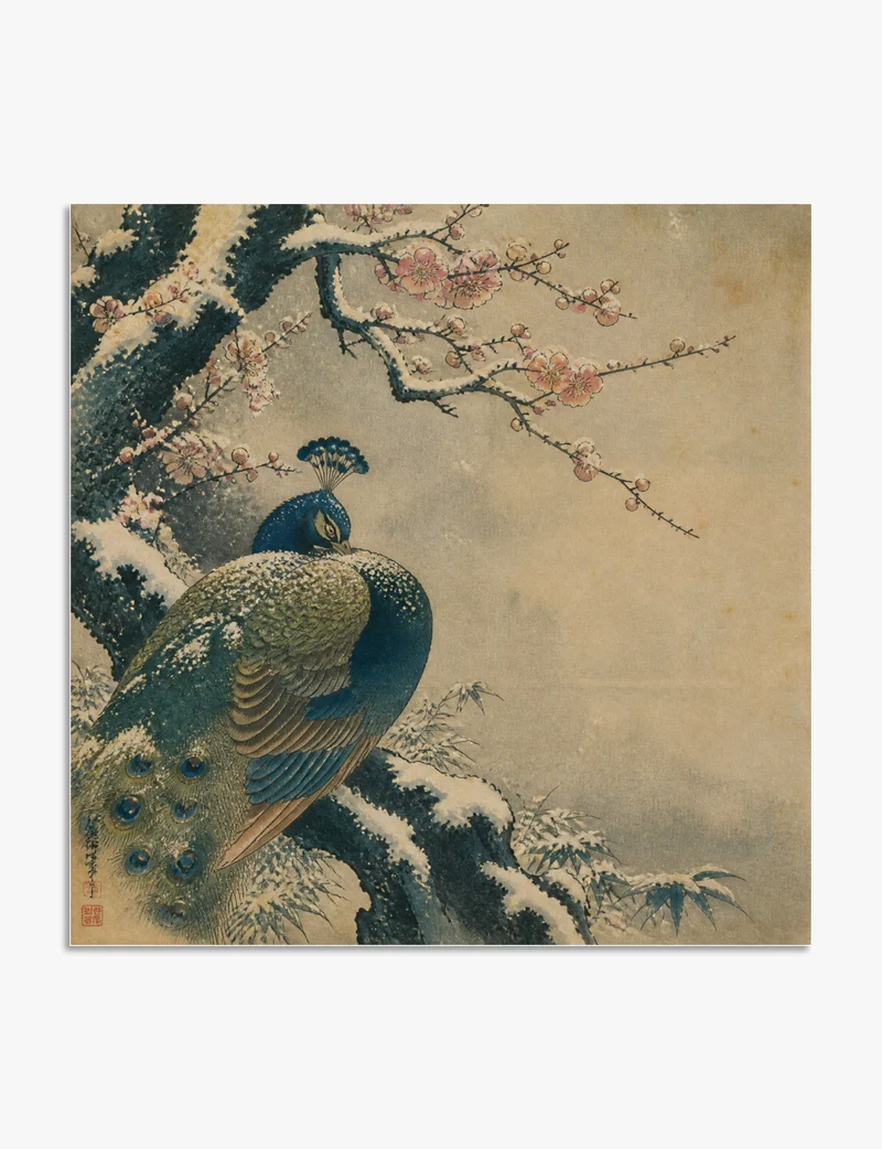Peacock in Snow with Plum Blossom Art Print