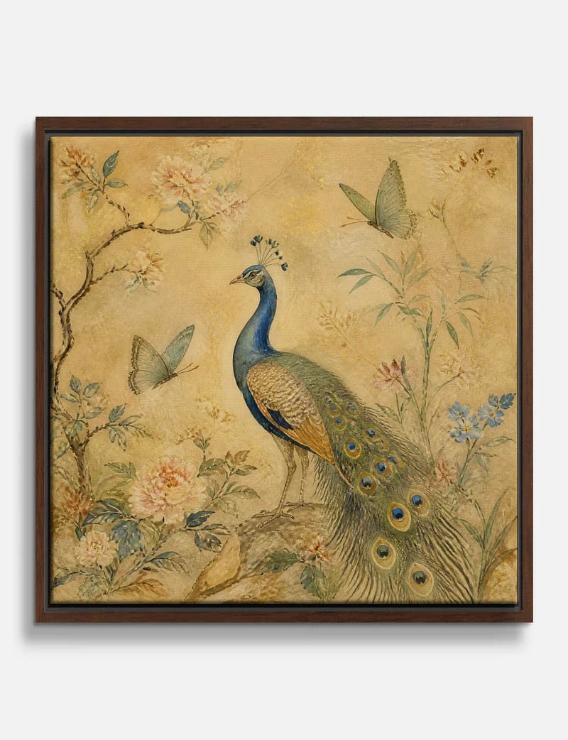 Gilded Peacock and Peonies Canvas Print