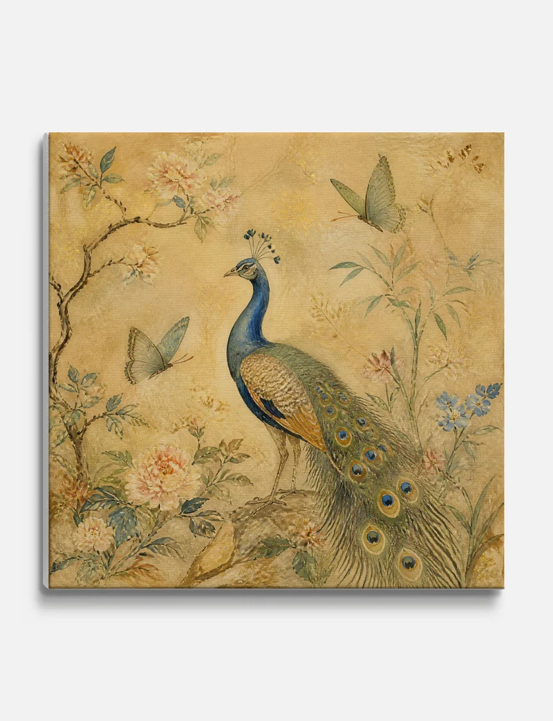 Gilded Peacock and Peonies Canvas Print