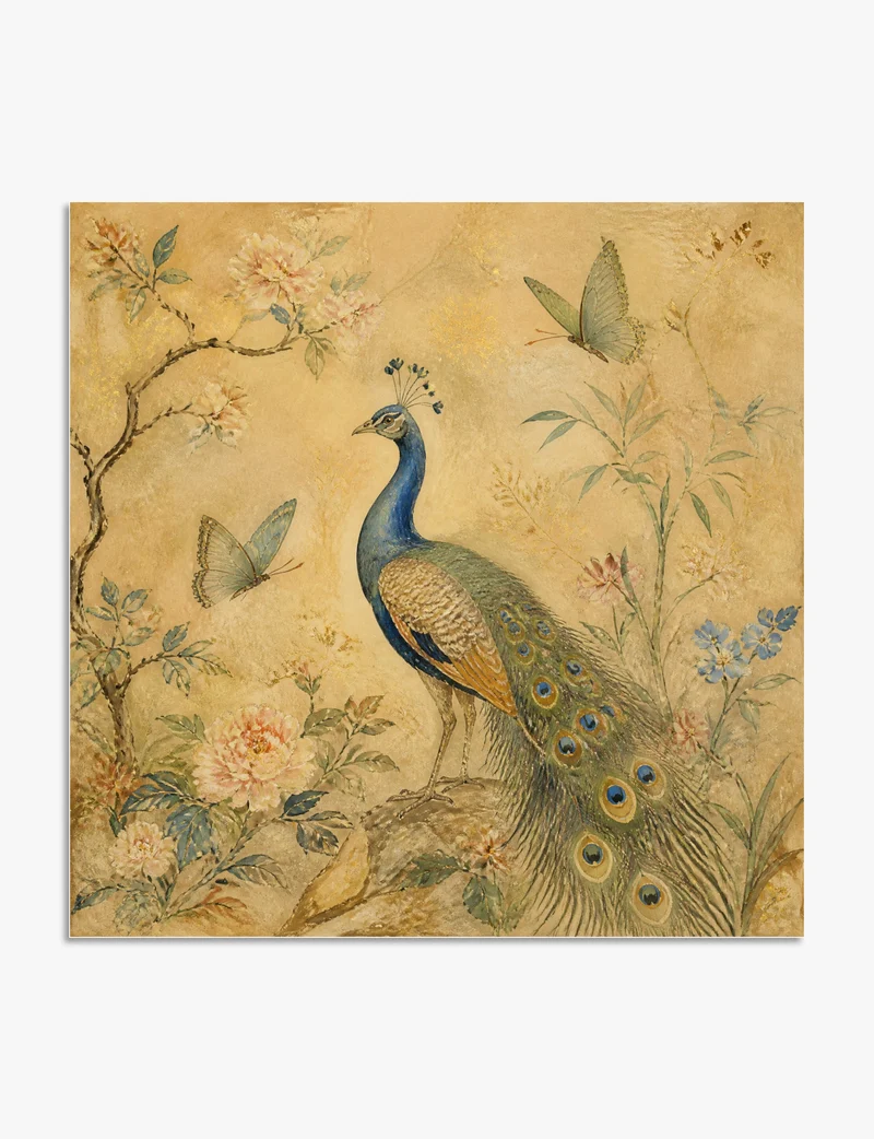 Gilded Peacock and Peonies Art Print