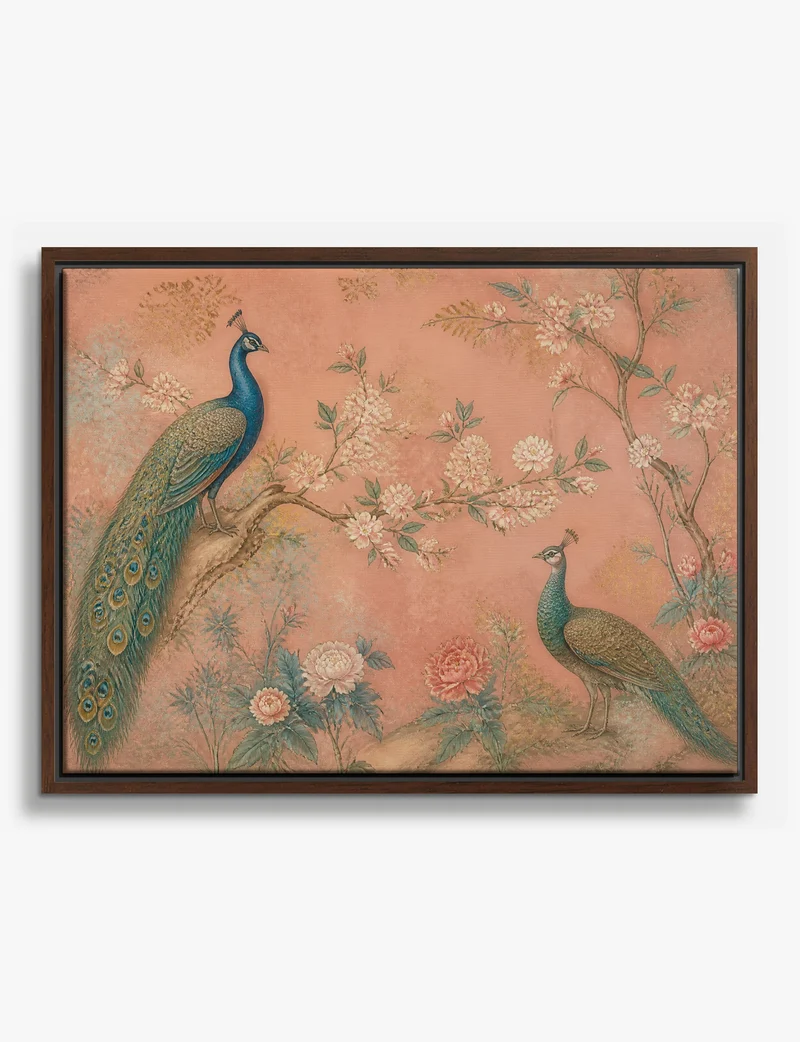 Peacocks and Blossom in Pink Canvas Print