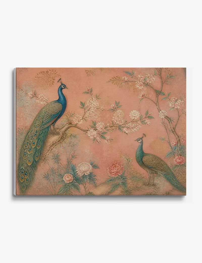 Peacocks and Blossom in Pink Canvas Print