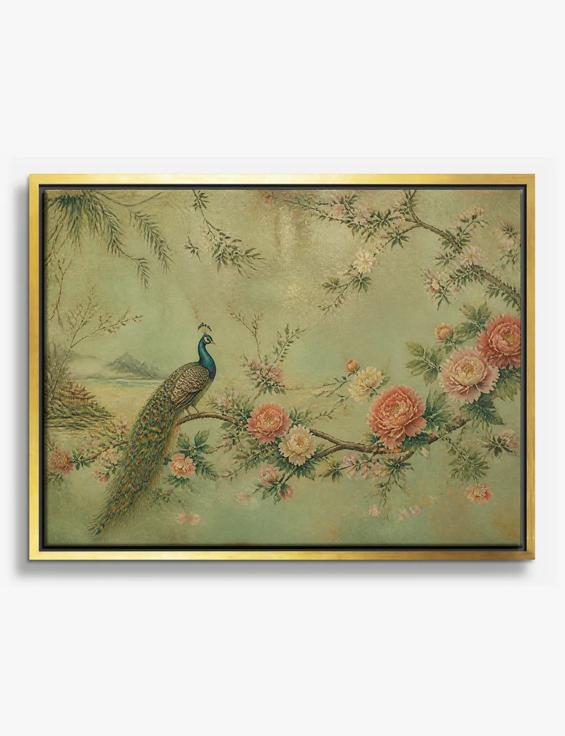 Peacock and Peonies Chinoiserie Canvas Print