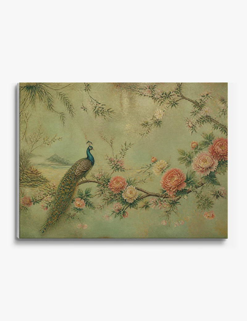 Peacock and Peonies Chinoiserie Canvas Print