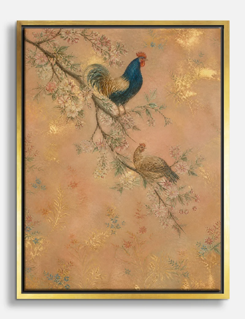 Rooster and Hen on Blossom Branch Canvas Print