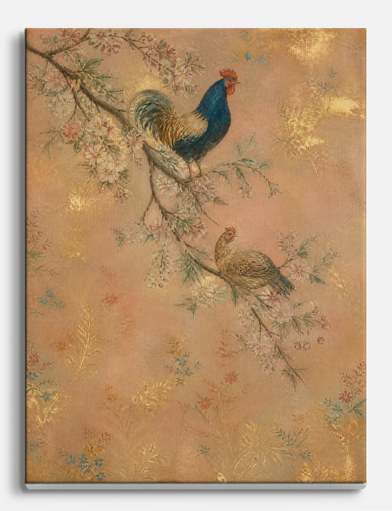 Rooster and Hen on Blossom Branch Canvas Print