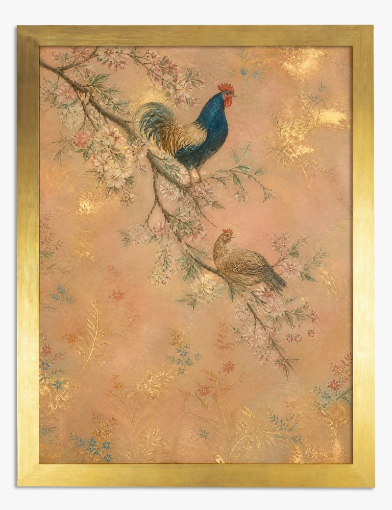 Rooster and Hen on Blossom Branch Art Print