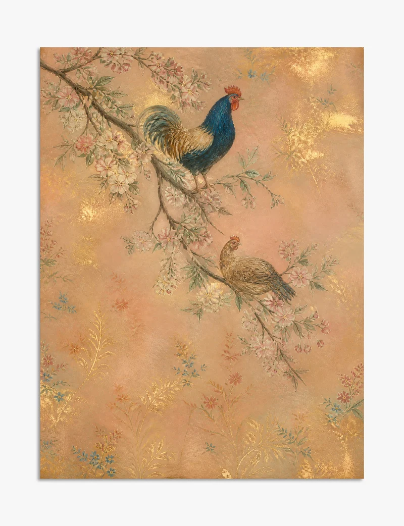 Rooster and Hen on Blossom Branch Art Print