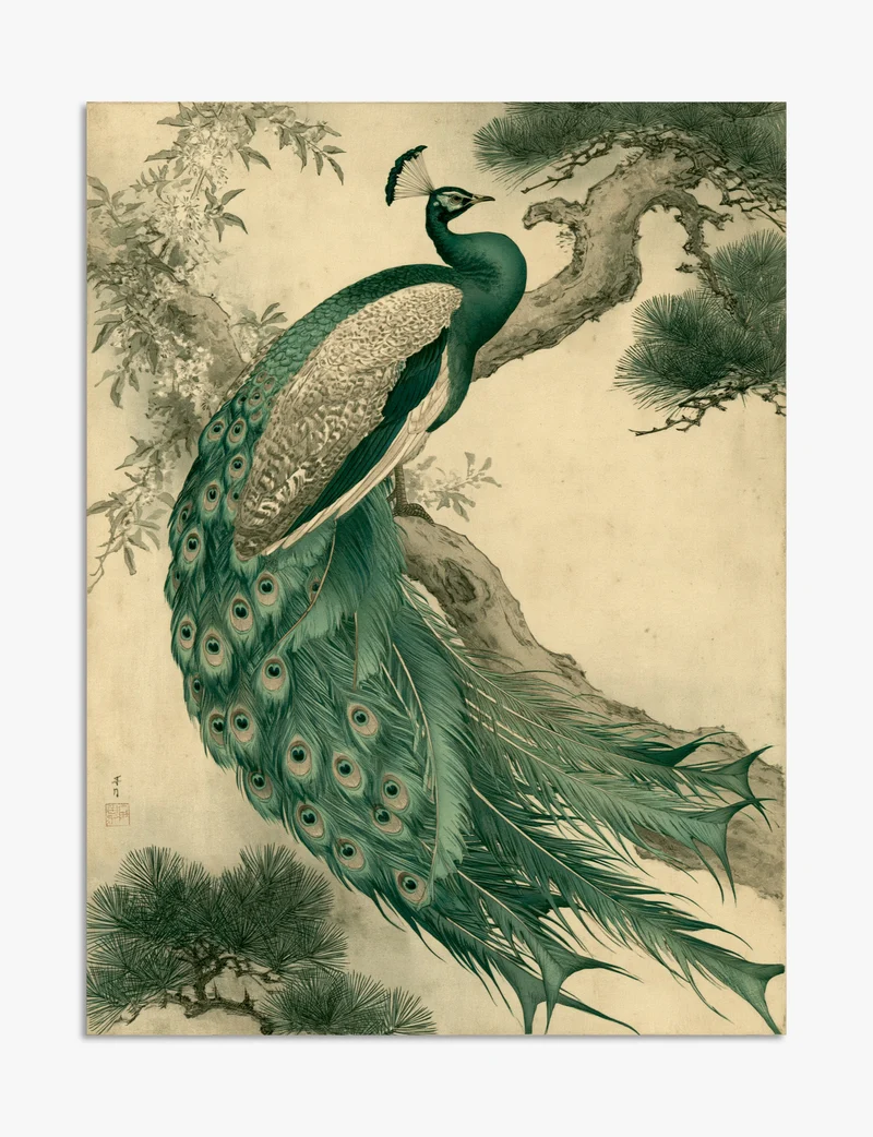 Peacock on a Pine Branch Art Print