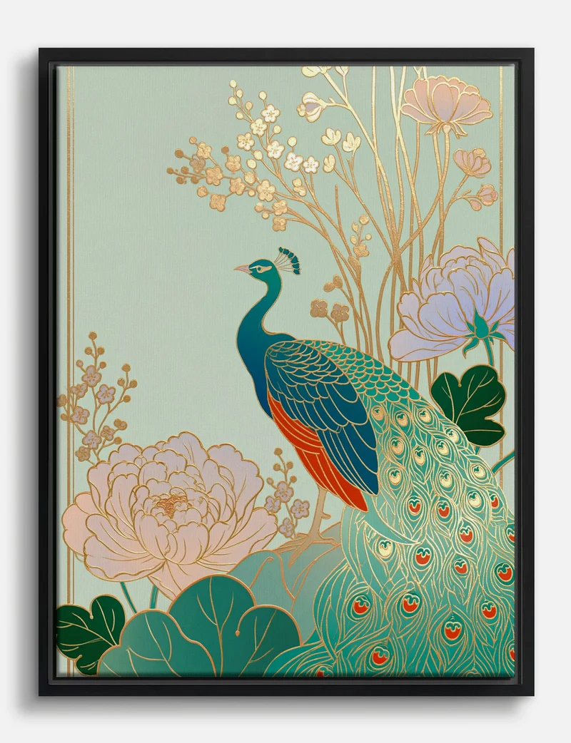 Gilded Peacock and Peonies Canvas Print