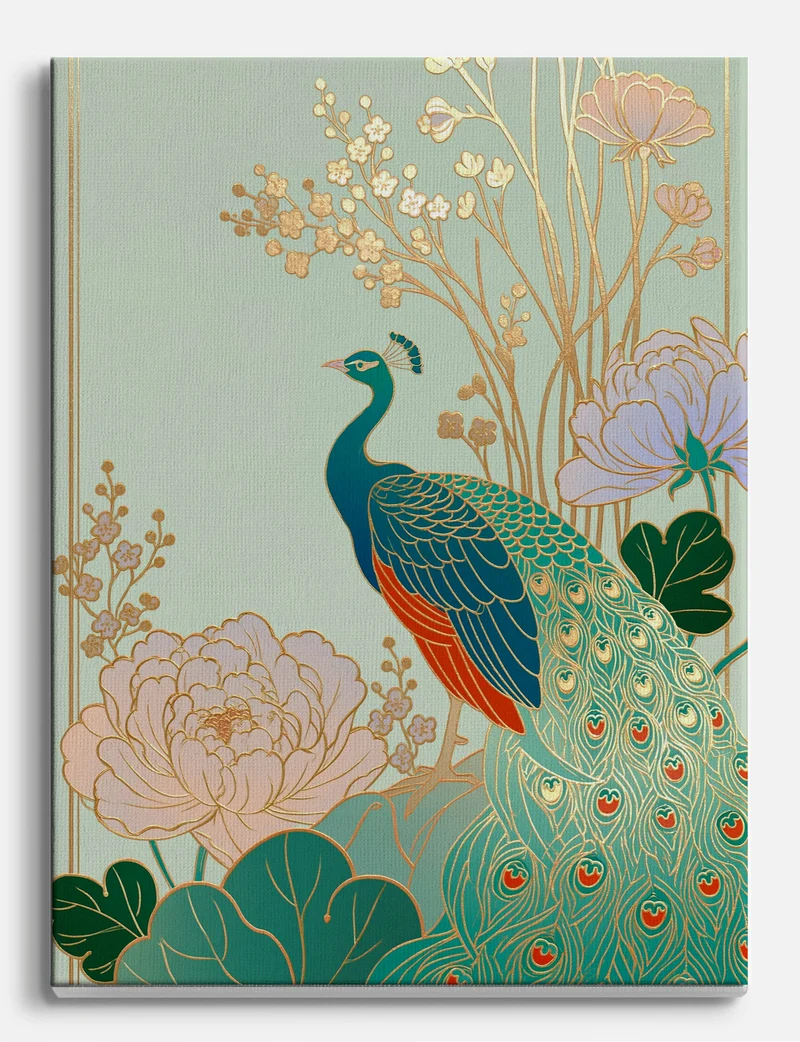 Gilded Peacock and Peonies Canvas Print