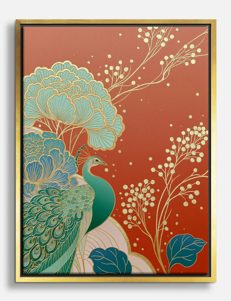 Peacock and Peonies in Red and Gold Canvas Print