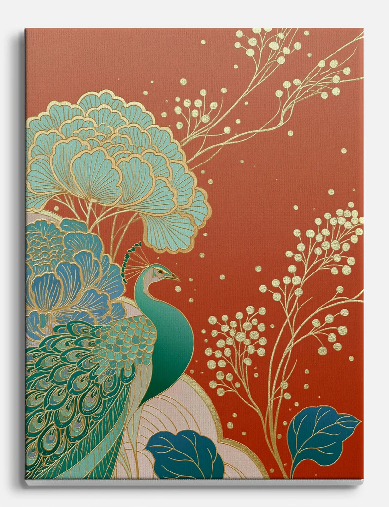 Peacock and Peonies in Red and Gold Canvas Print