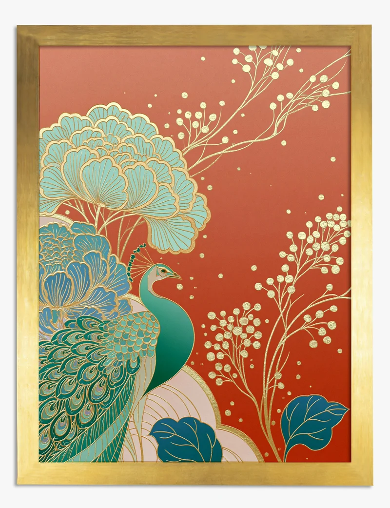 Peacock and Peonies in Red and Gold Art Print