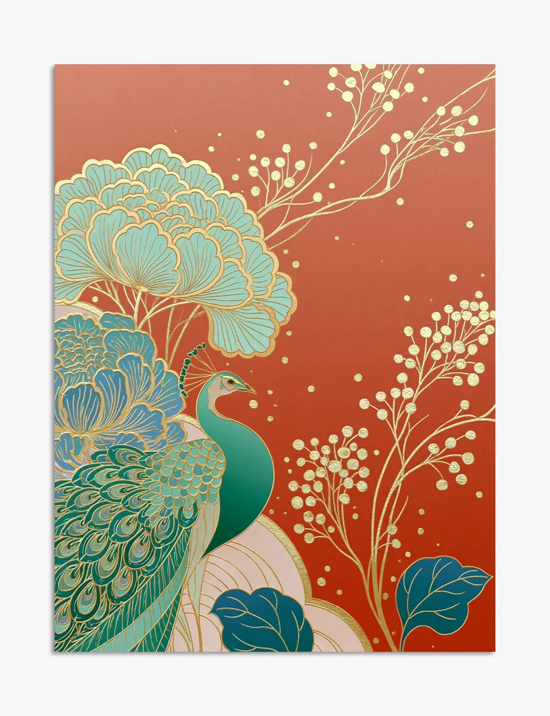 Peacock and Peonies in Red and Gold Art Print