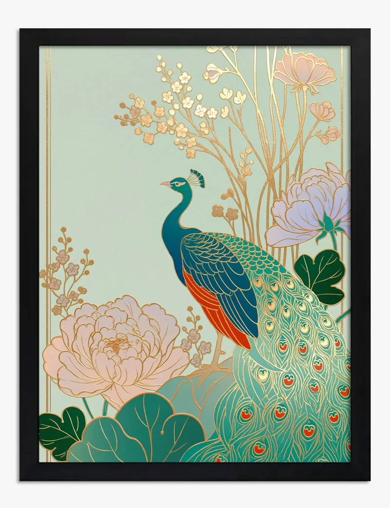 Gilded Peacock and Peonies Art Print