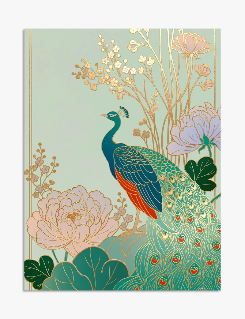 Gilded Peacock and Peonies Art Print