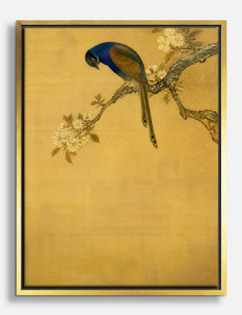 Blue Bird on Blossom Branch in Gold Canvas Print