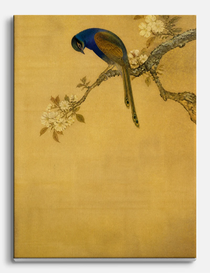 Blue Bird on Blossom Branch in Gold Canvas Print