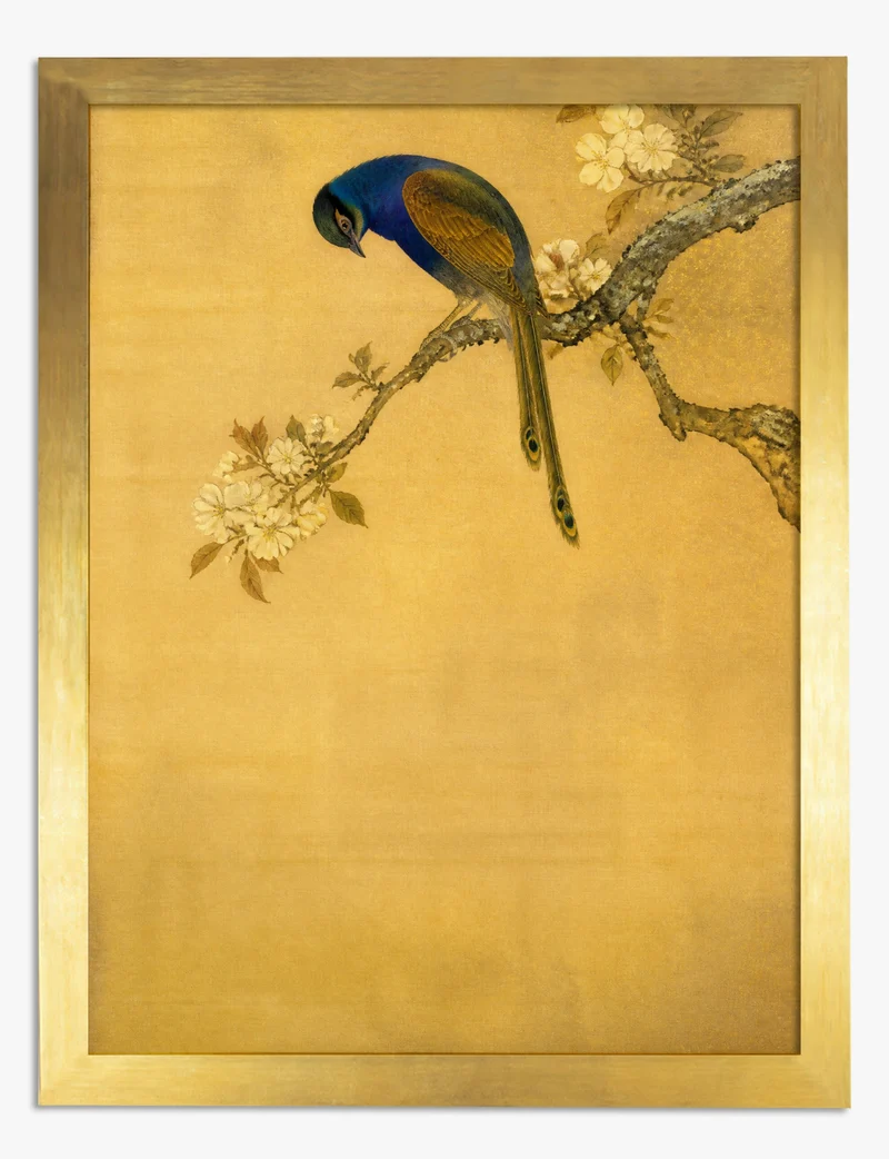 Blue Bird on Blossom Branch in Gold Art Print