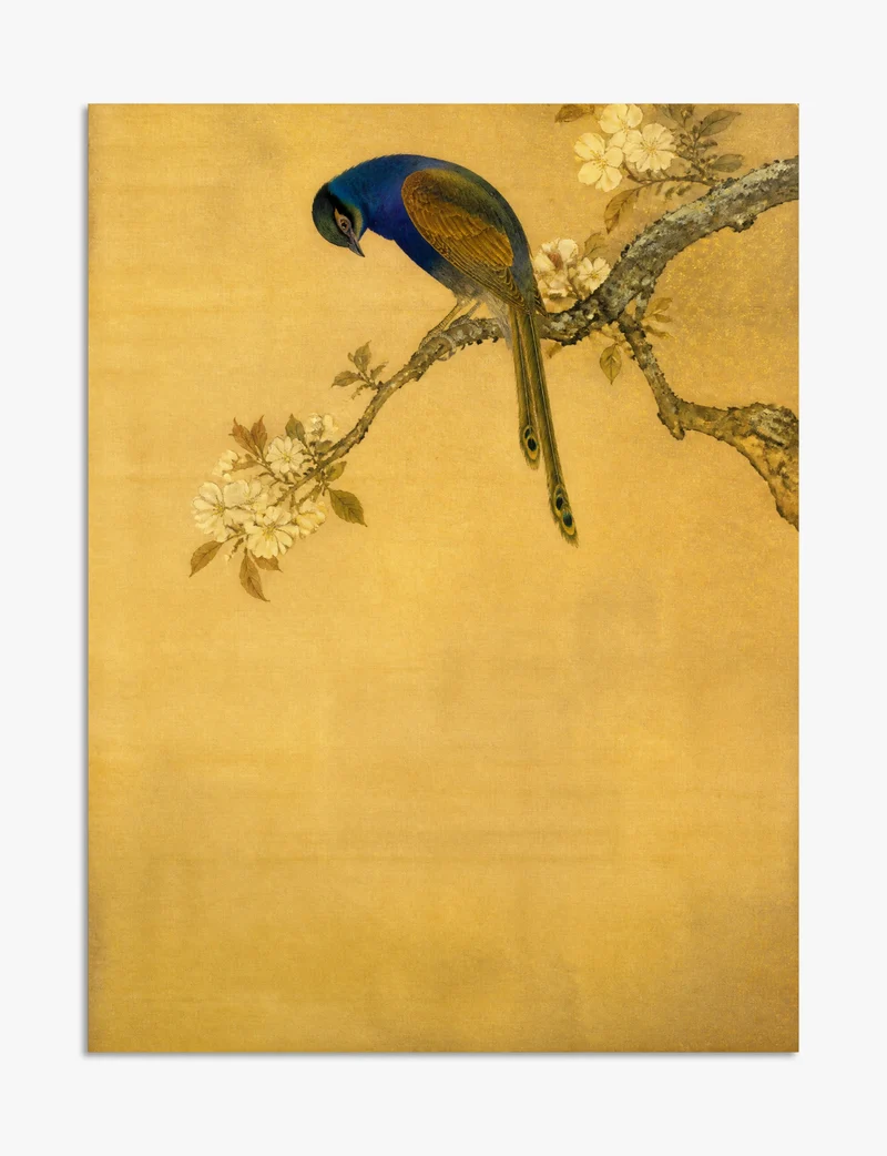 Blue Bird on Blossom Branch in Gold Art Print