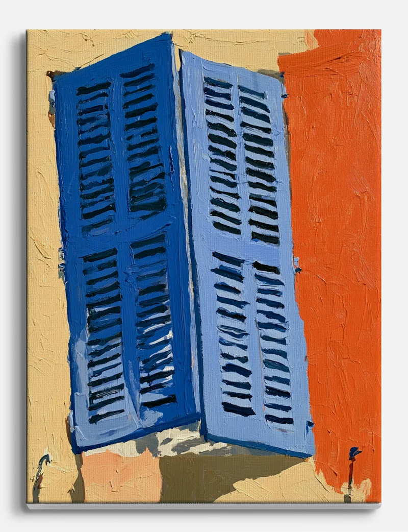 Blue Shutters, Sunlit Wall Canvas Print