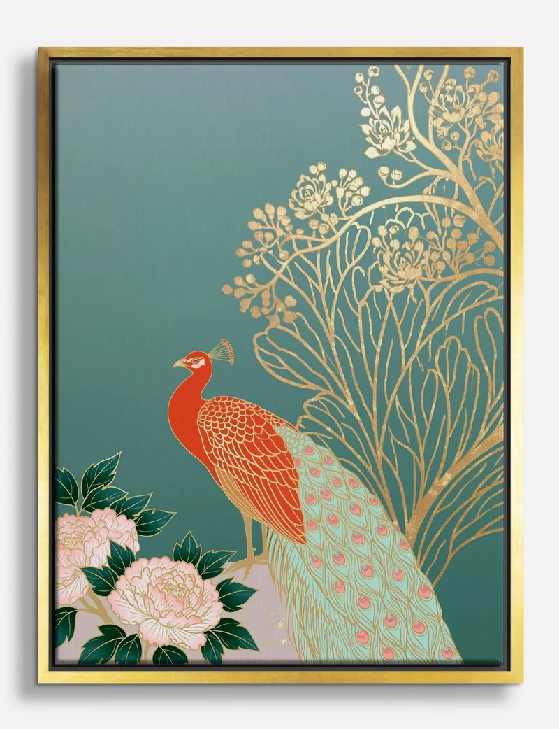 Red Peacock and Gold Blossom Canvas Print