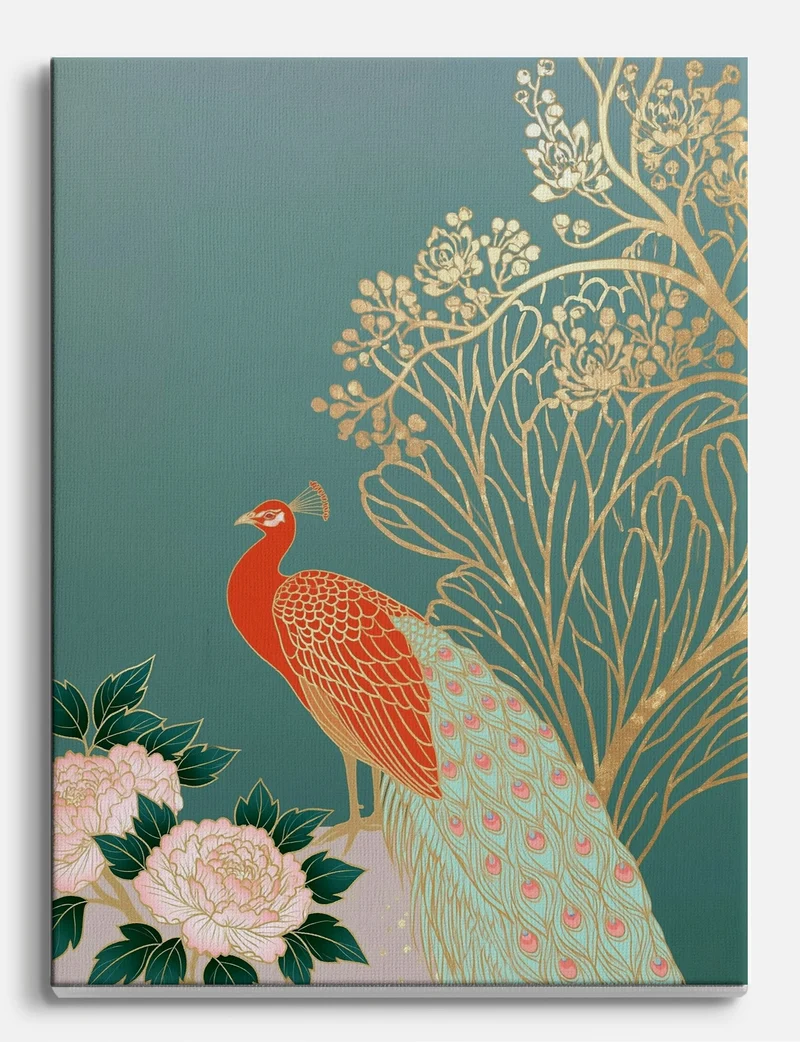 Red Peacock and Gold Blossom Canvas Print