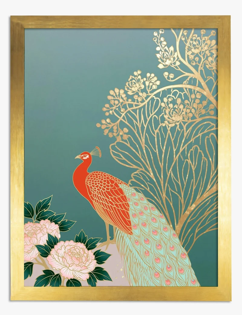 Red Peacock and Gold Blossom Art Print