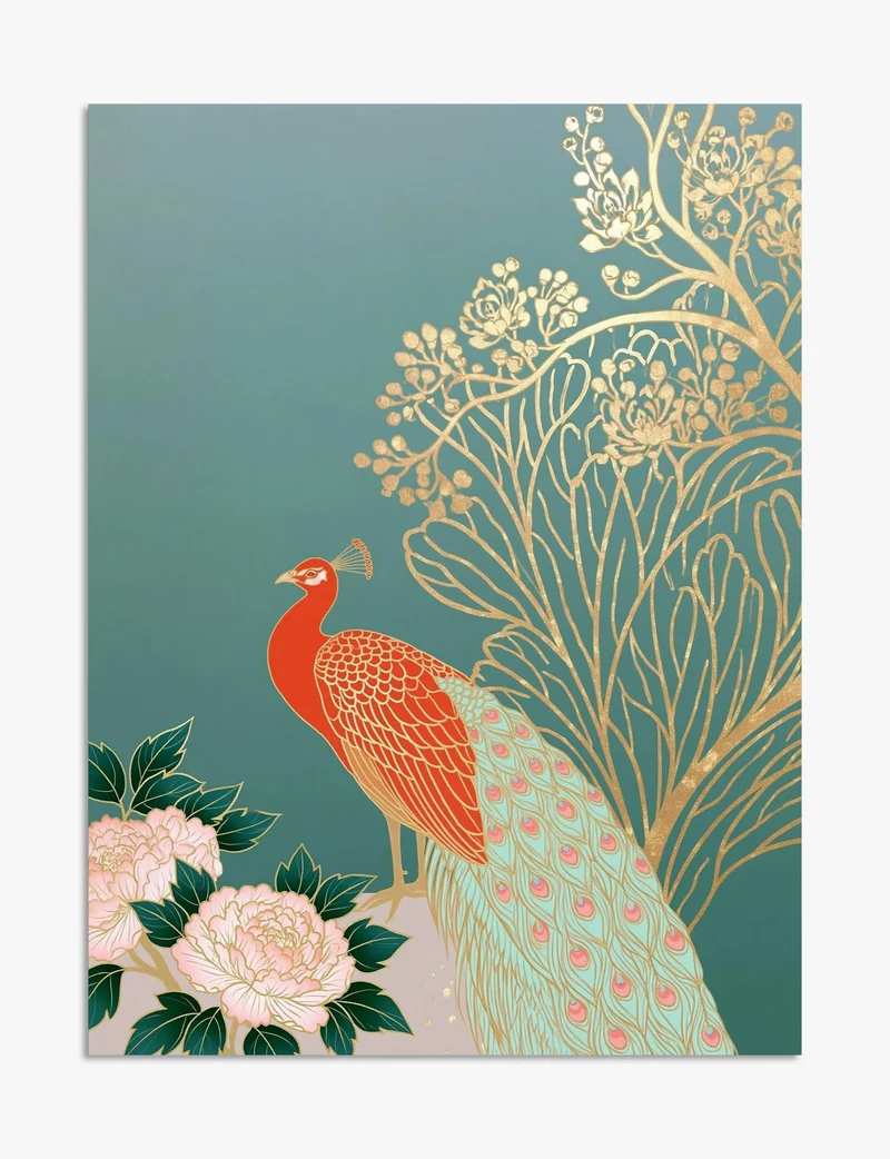 Red Peacock and Gold Blossom Art Print