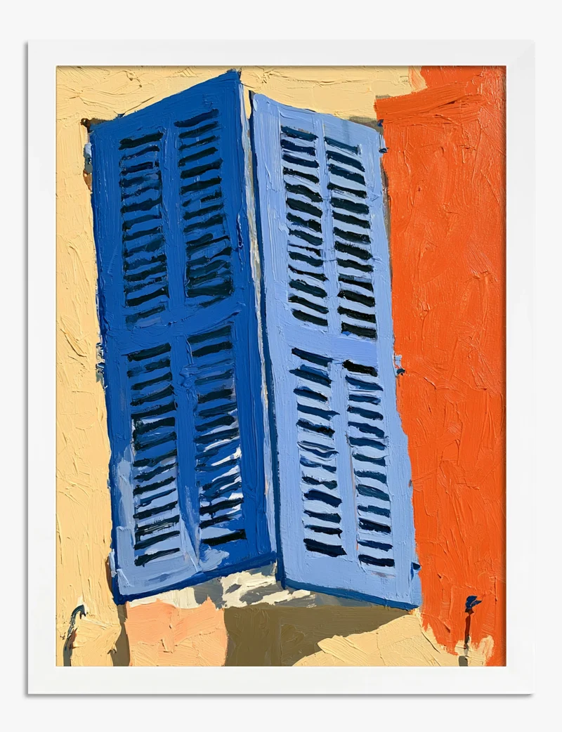 Blue Shutters, Sunlit Wall Art Print