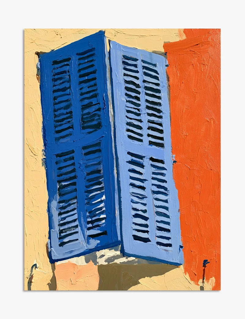 Blue Shutters, Sunlit Wall Art Print