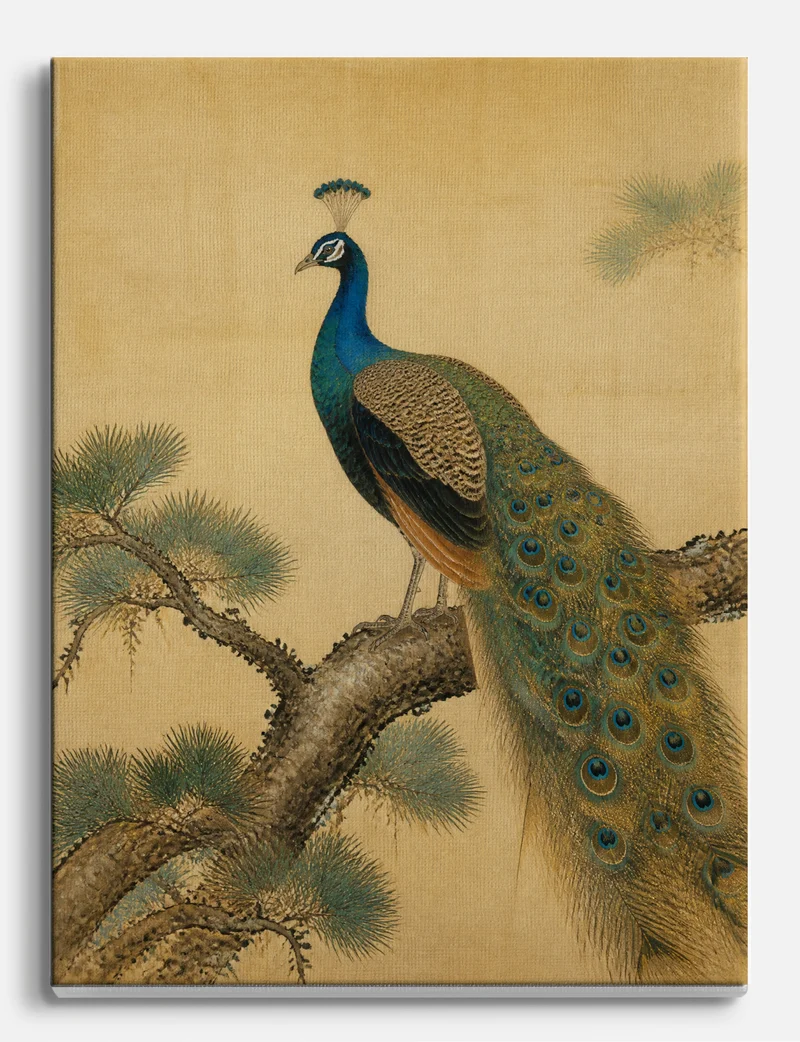 Peacock on a Pine Branch Canvas Print