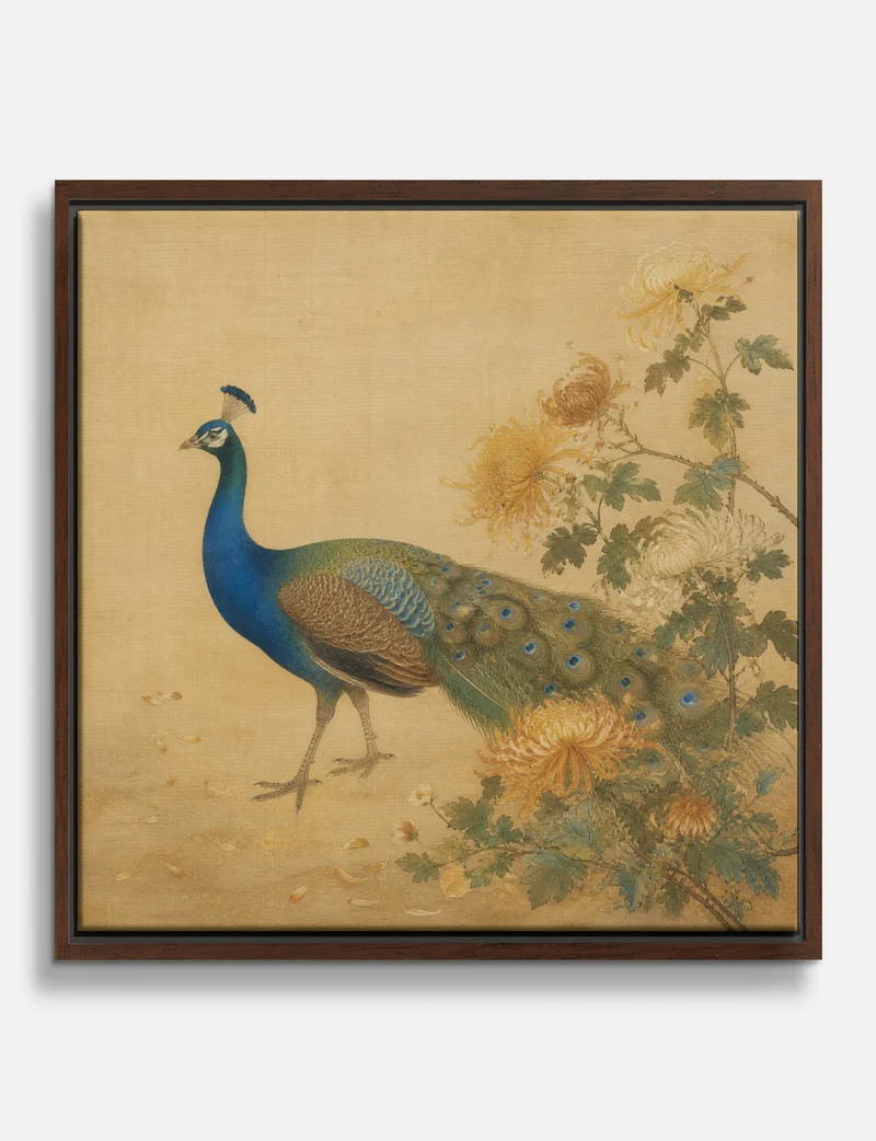 Peacock and Chrysanthemums Canvas Print