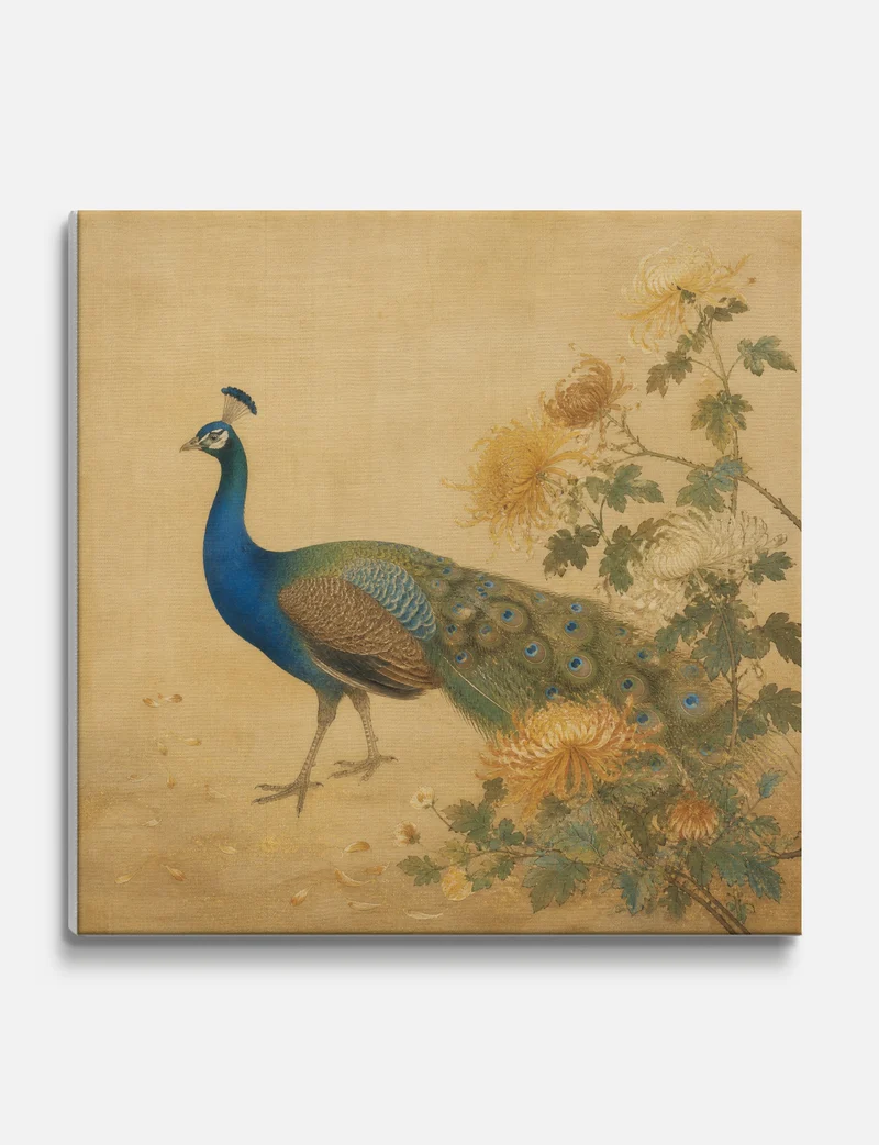 Peacock and Chrysanthemums Canvas Print