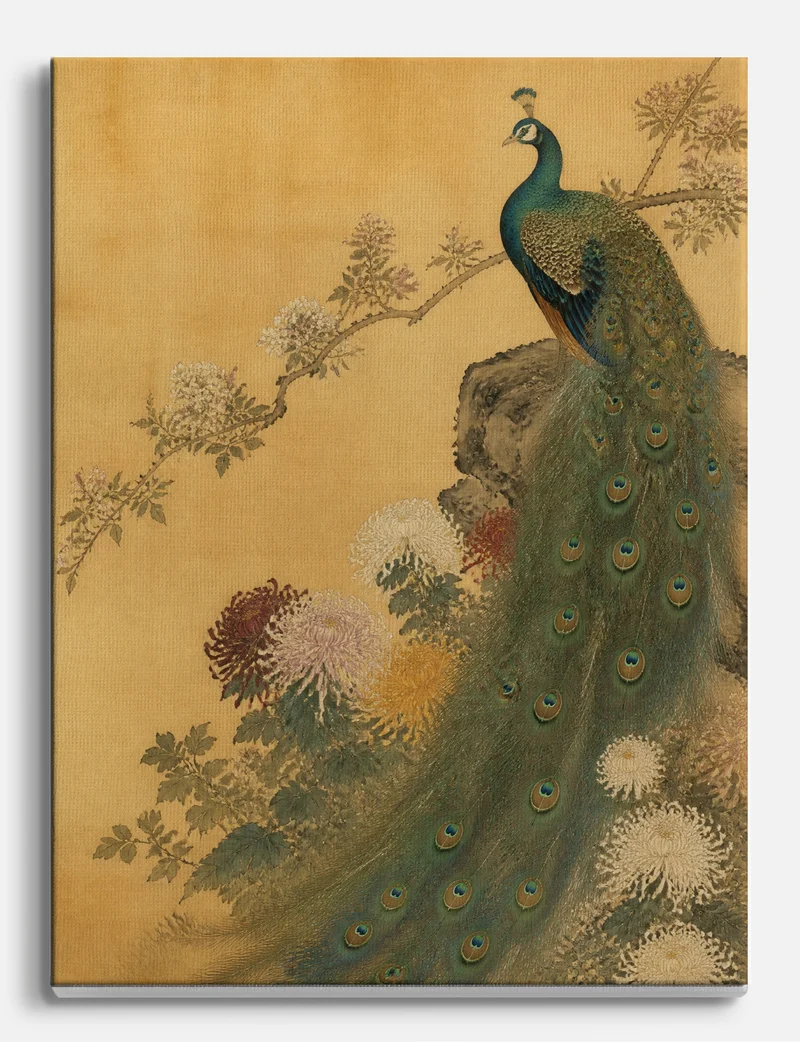 Peacock and Chrysanthemums Canvas Print
