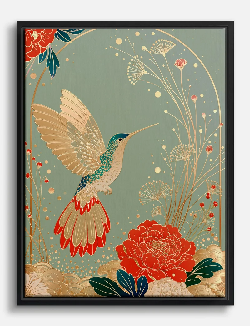 Gilded Hummingbird and Red Peony Canvas Print