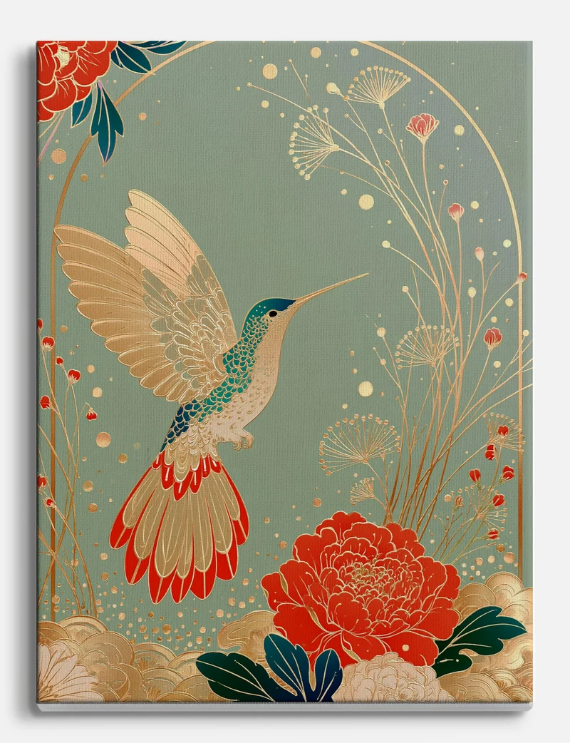 Gilded Hummingbird and Red Peony Canvas Print