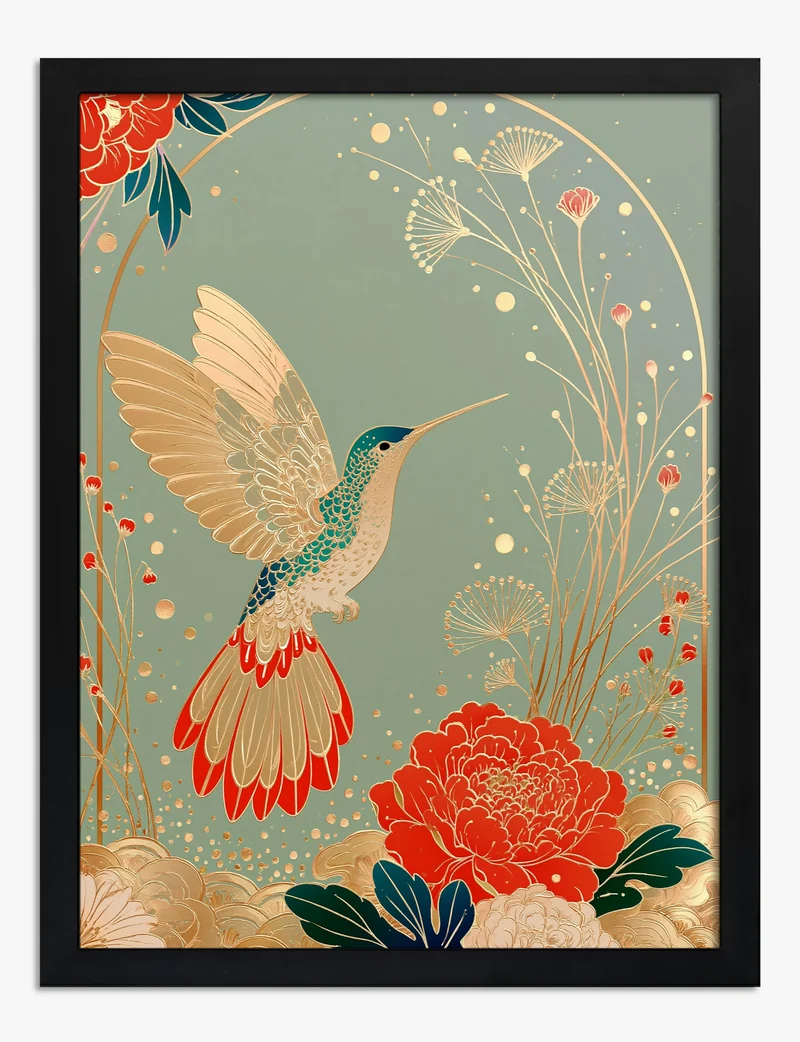 Gilded Hummingbird and Red Peony Art Print