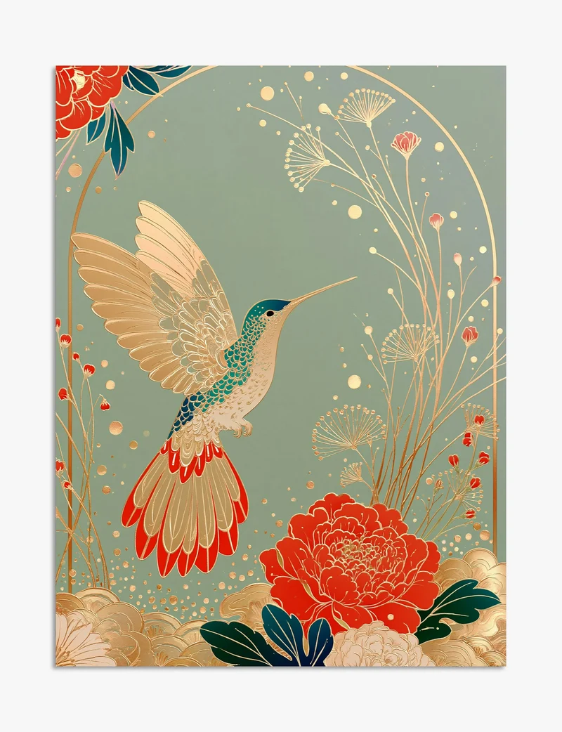 Gilded Hummingbird and Red Peony Art Print