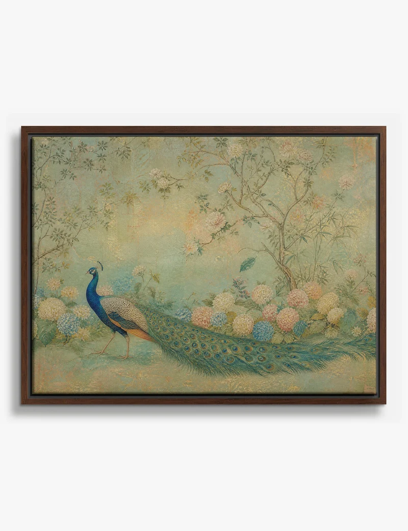 Peacock in the Hydrangea Garden Canvas Print