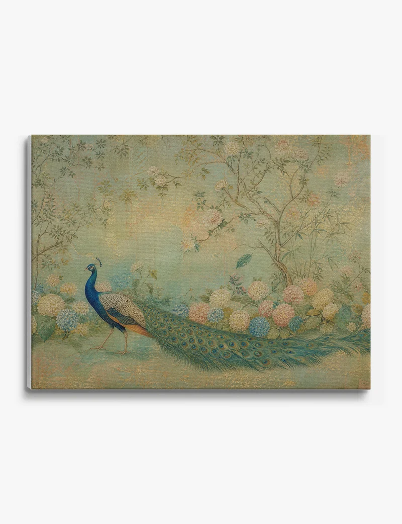 Peacock in the Hydrangea Garden Canvas Print