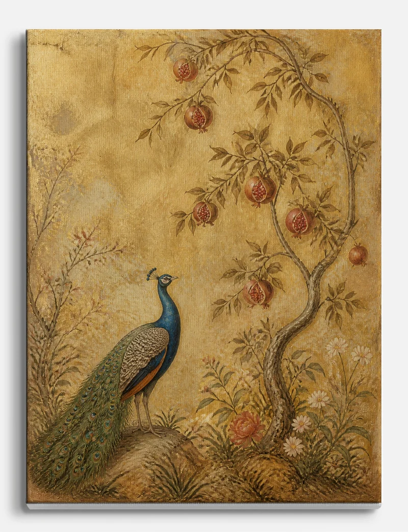 Peacock and Pomegranate Tree Canvas Print