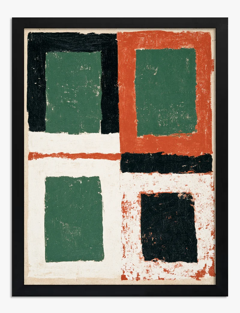 Four Blocks in Green, Rust and Black Art Print
