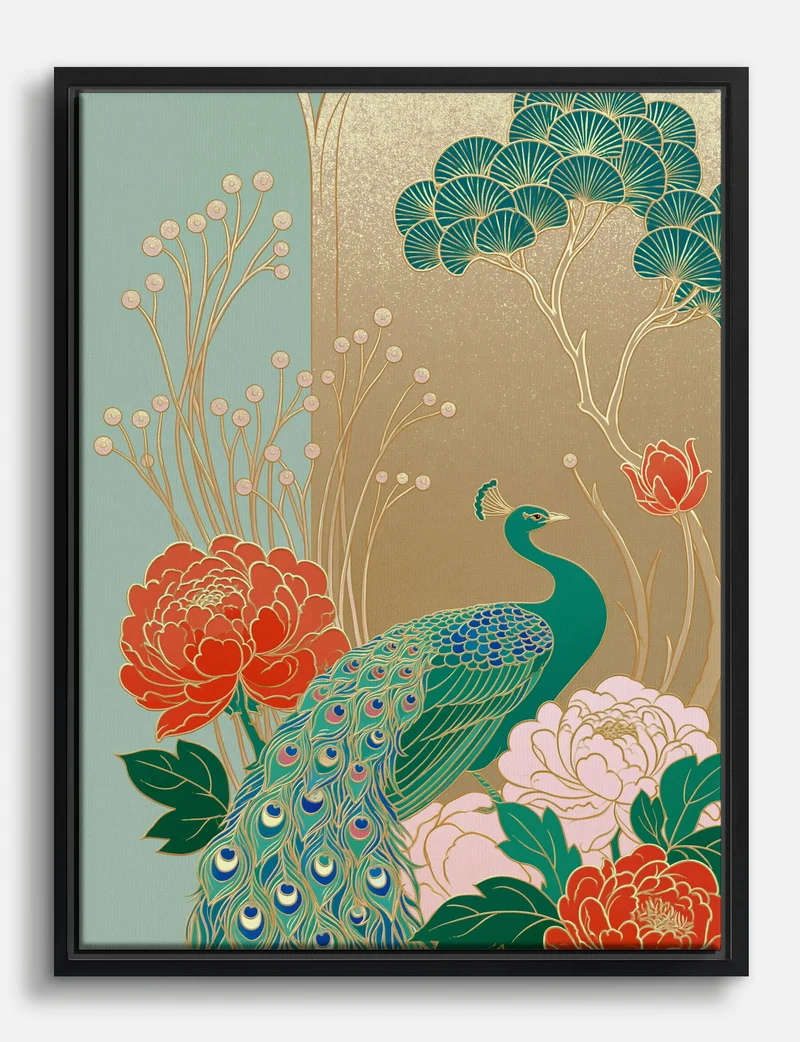 Gilded Peacock and Peonies Canvas Print