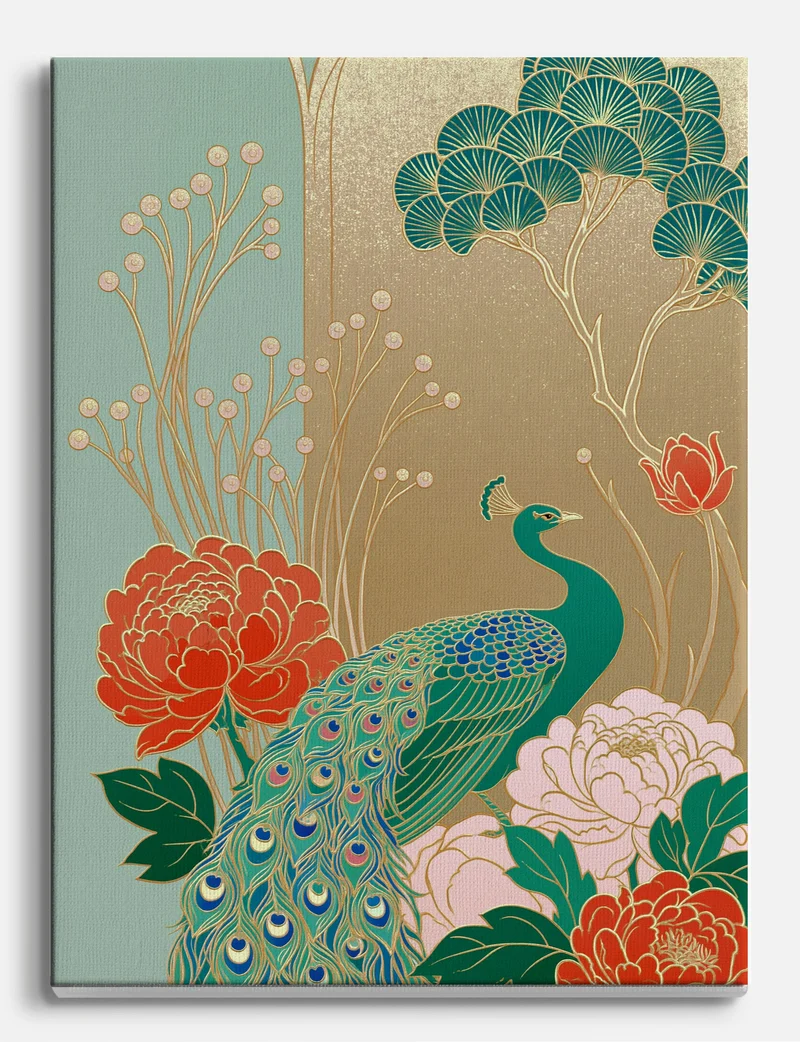 Gilded Peacock and Peonies Canvas Print