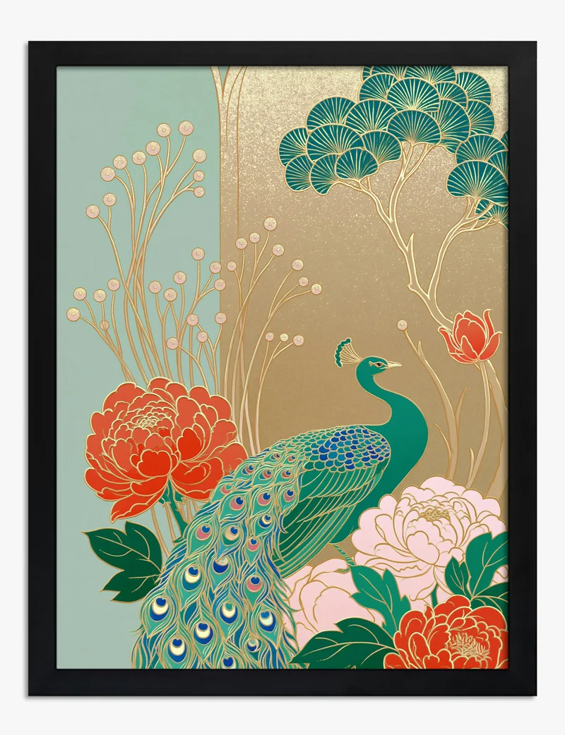 Gilded Peacock and Peonies Art Print