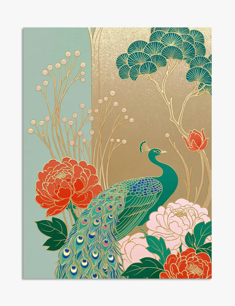 Gilded Peacock and Peonies Art Print