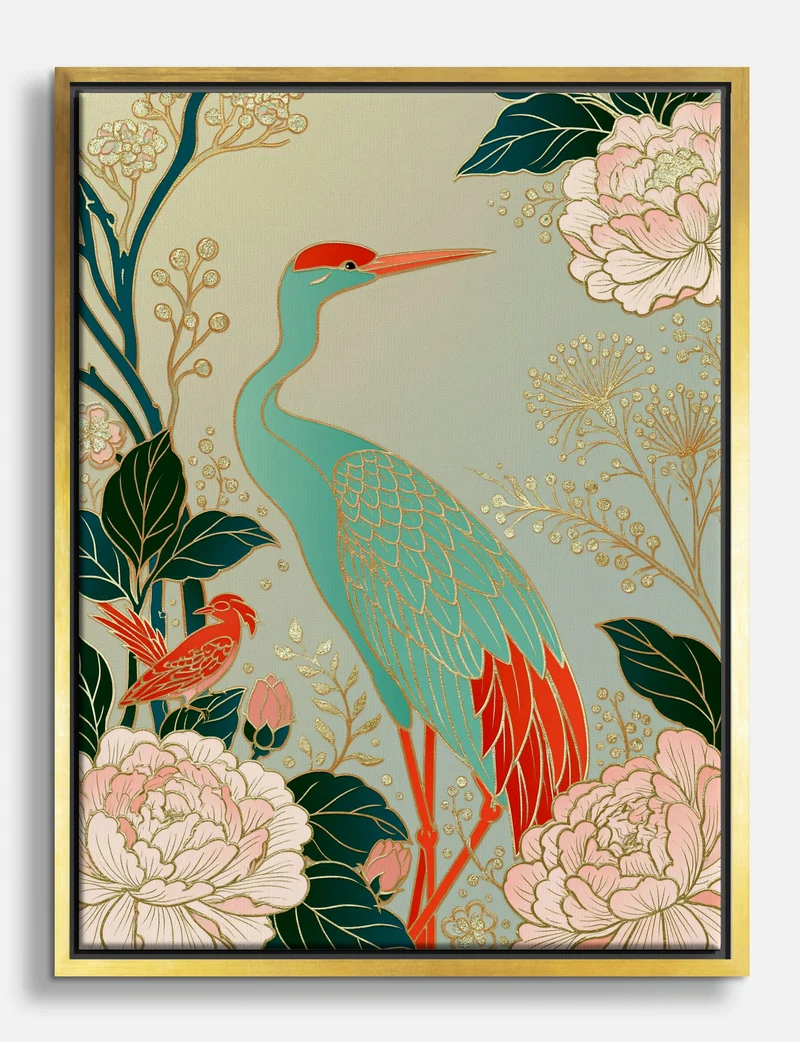 Crane and Peonies in Gold Canvas Print