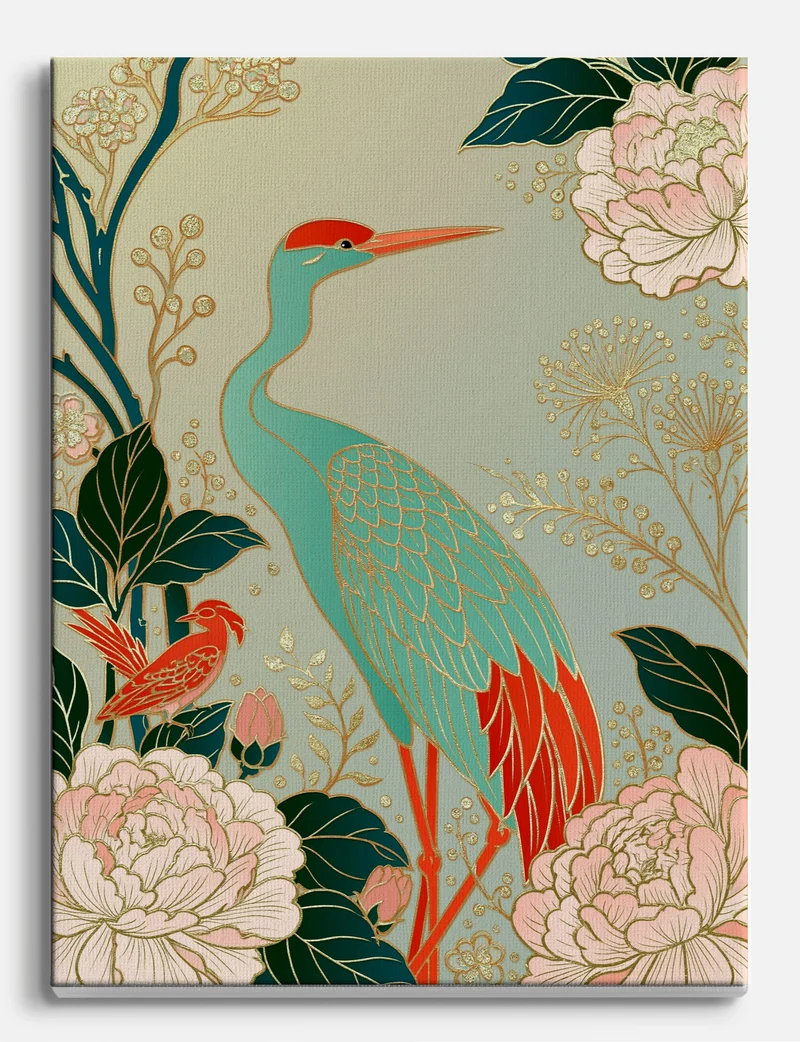 Crane and Peonies in Gold Canvas Print